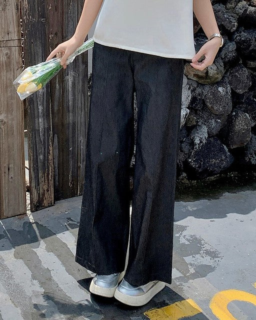 |初秋新品2件75折| 牛仔寬腿褲| 灰黑色| 無彈| 後腰橡筋