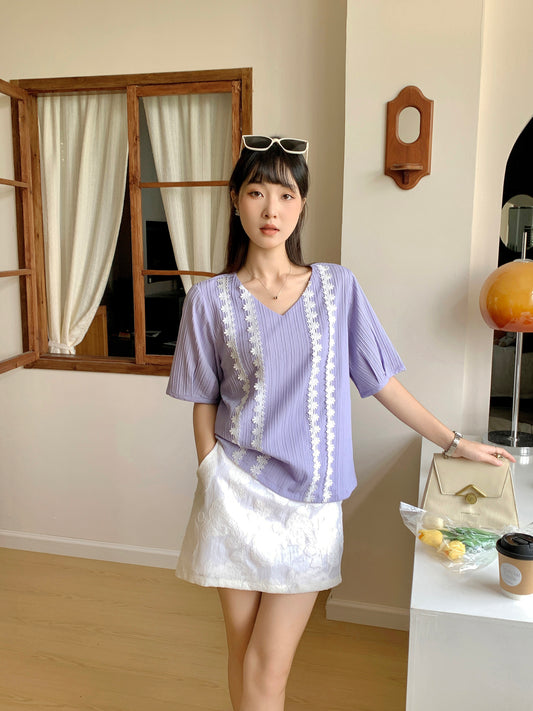 |初秋新品2件75折| V領蕾絲暗紋上衣|紫色|無裡襯|無彈|不透