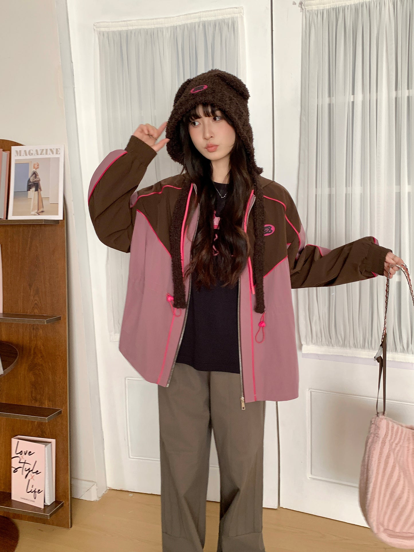 MXN Colour Block Zip Hoodie Jacket| Brown| With Lining