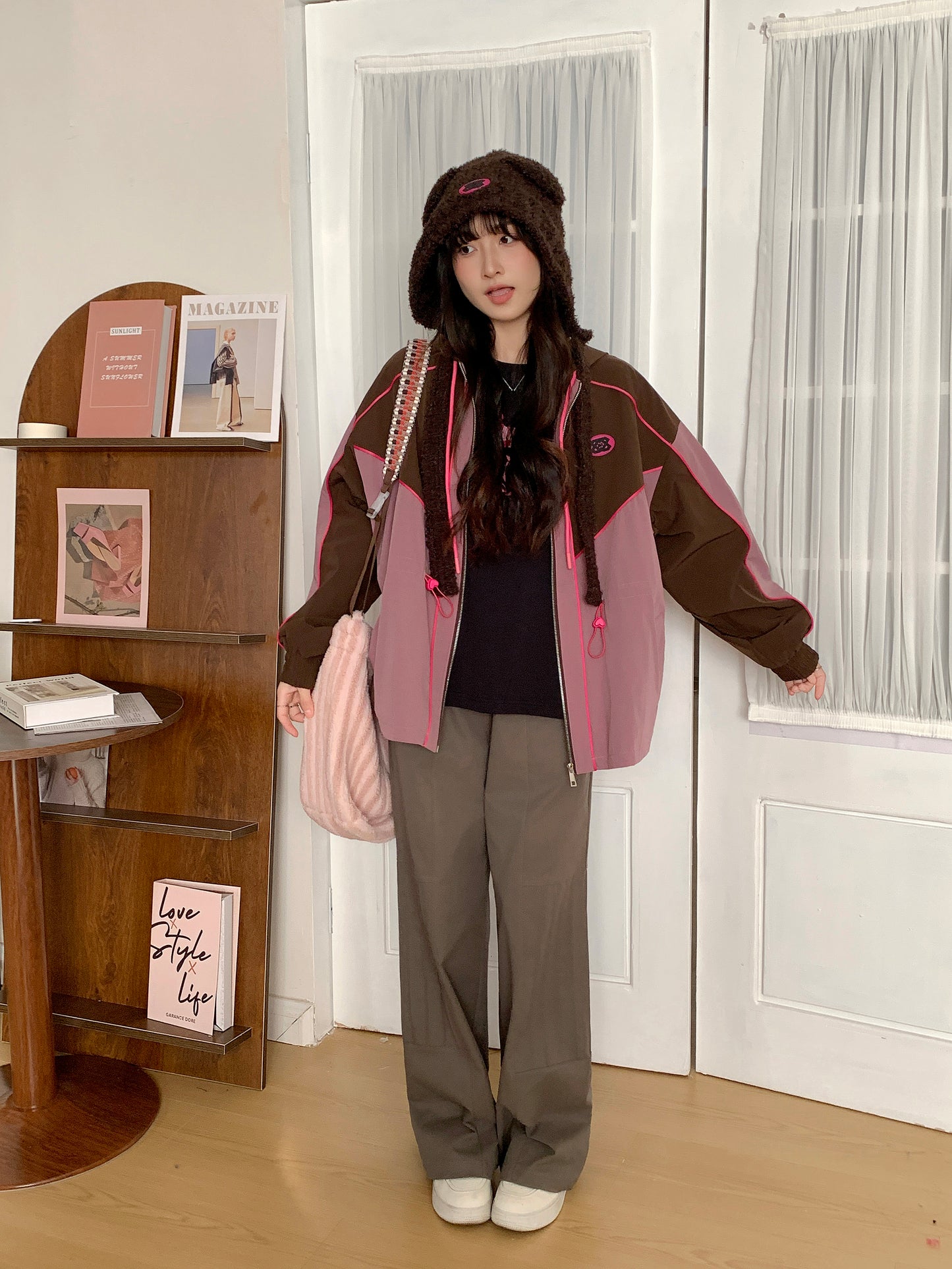 MXN Colour Block Zip Hoodie Jacket| Brown| With Lining