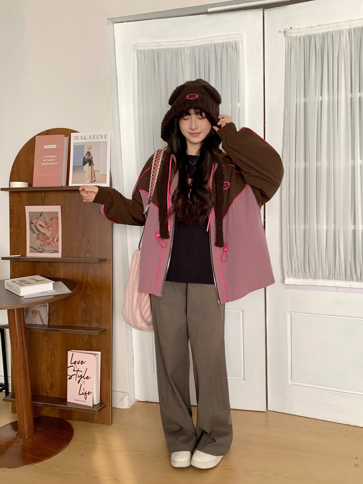 MXN Colour Block Zip Hoodie Jacket| Brown| With Lining