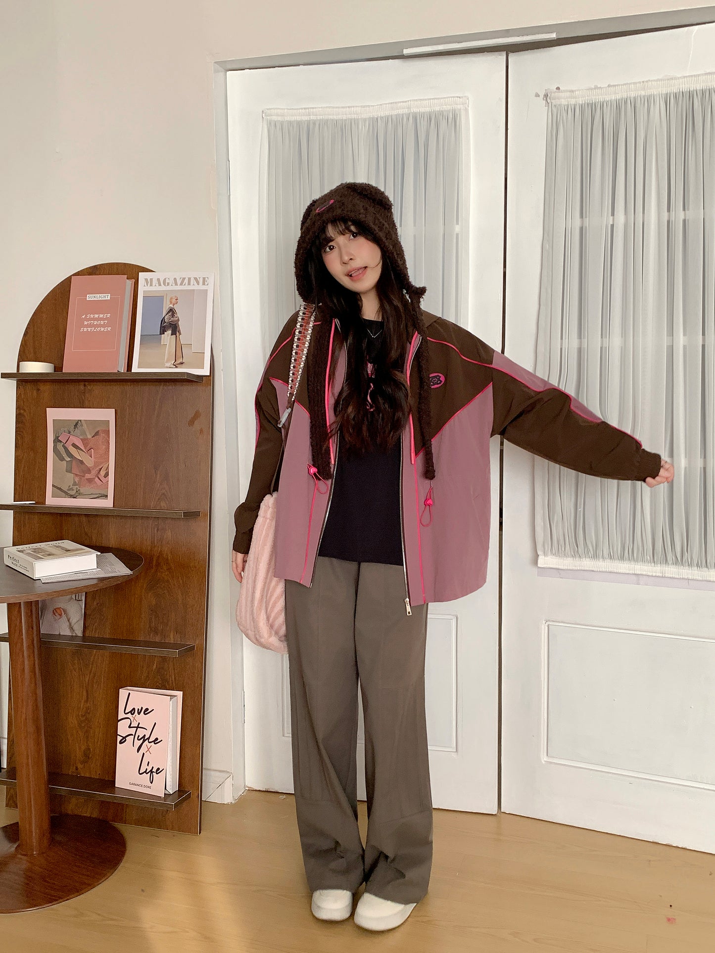 MXN Colour Block Zip Hoodie Jacket| Brown| With Lining