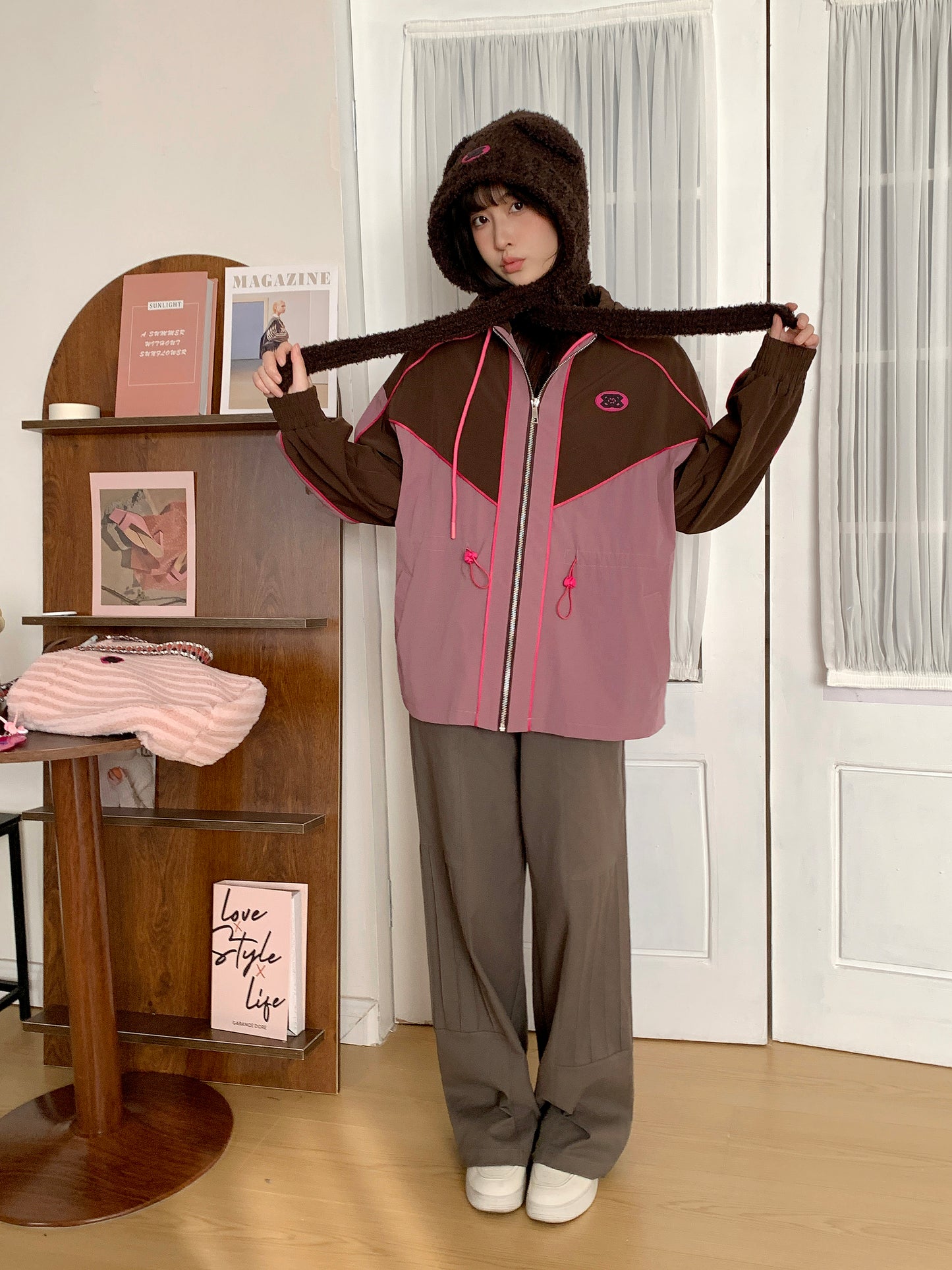 MXN Colour Block Zip Hoodie Jacket| Brown| With Lining