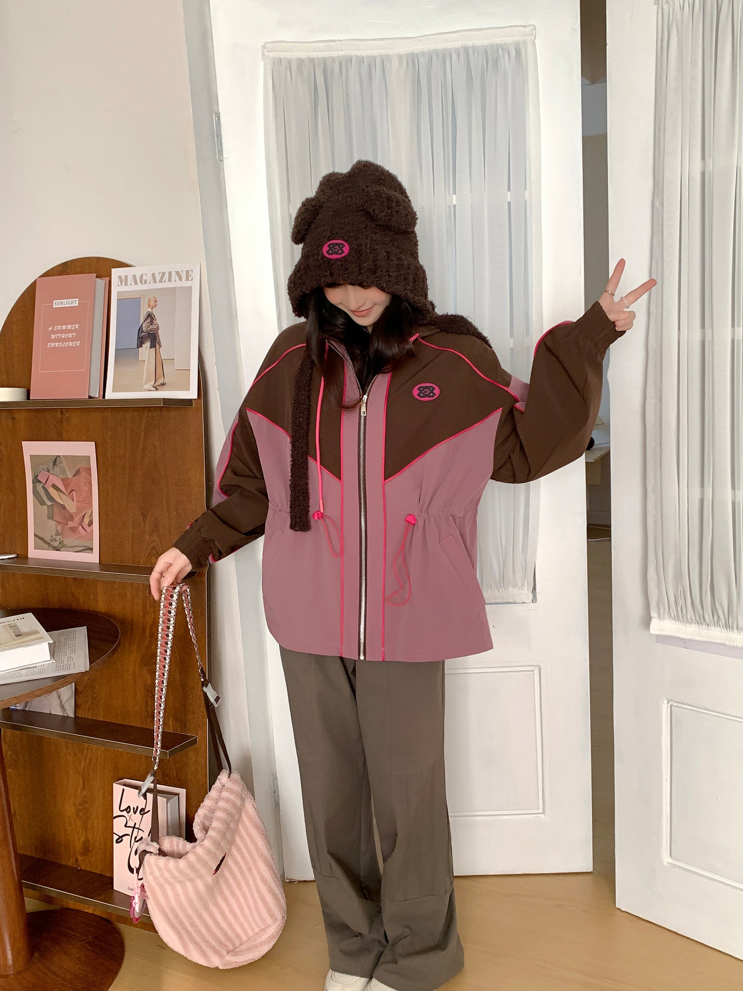 MXN Colour Block Zip Hoodie Jacket| Brown| With Lining