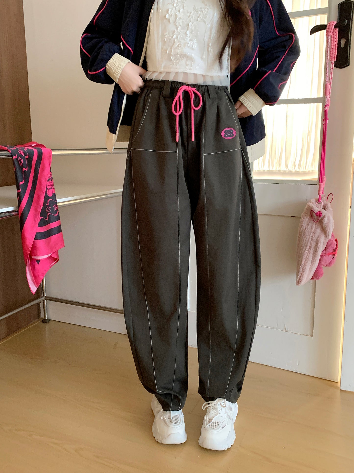 MXN Round shape cut trousers with Top Sewing design| Elastic| Grey