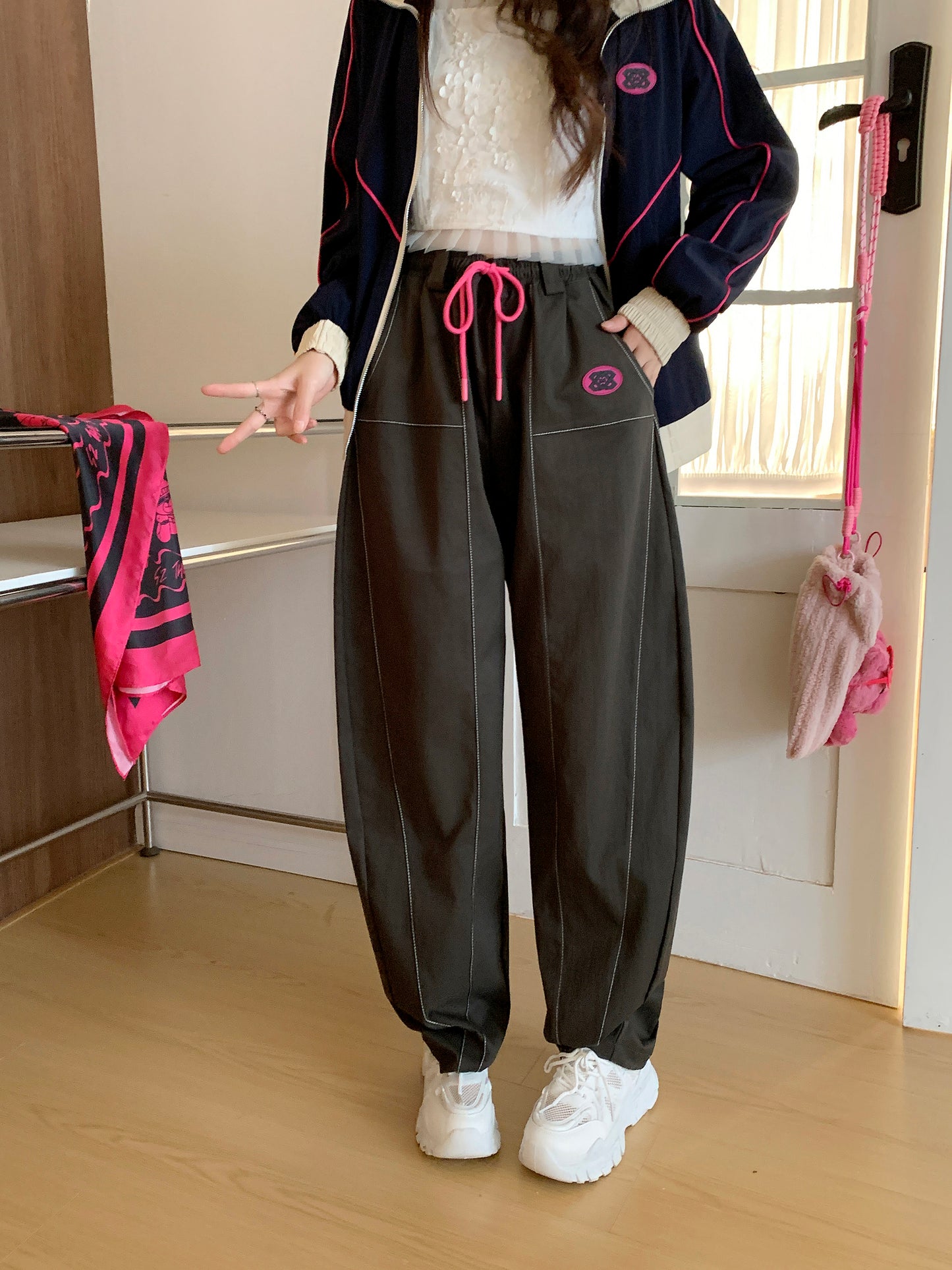 MXN Round shape cut trousers with Top Sewing design| Elastic| Grey