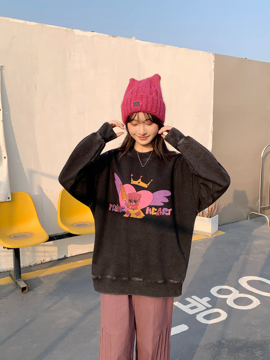 MXN Magenta Bear Oversize Sweater with washed effect| Black