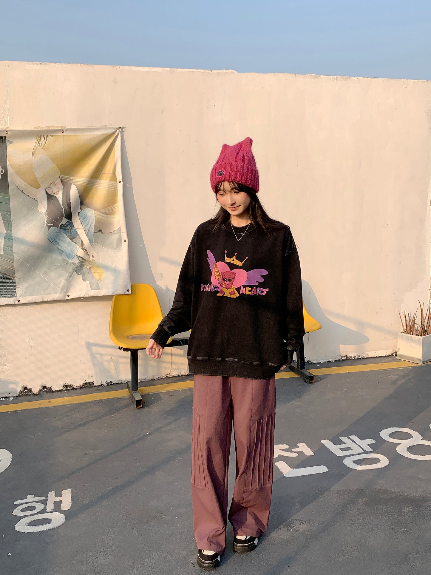 MXN Magenta Bear Oversize Sweater with washed effect| Black