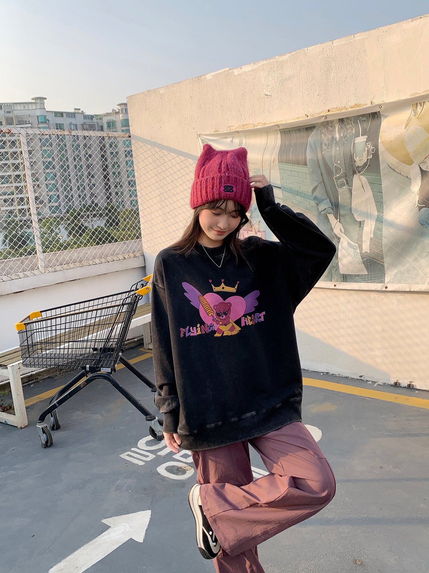 MXN Magenta Bear Oversize Sweater with washed effect| Black