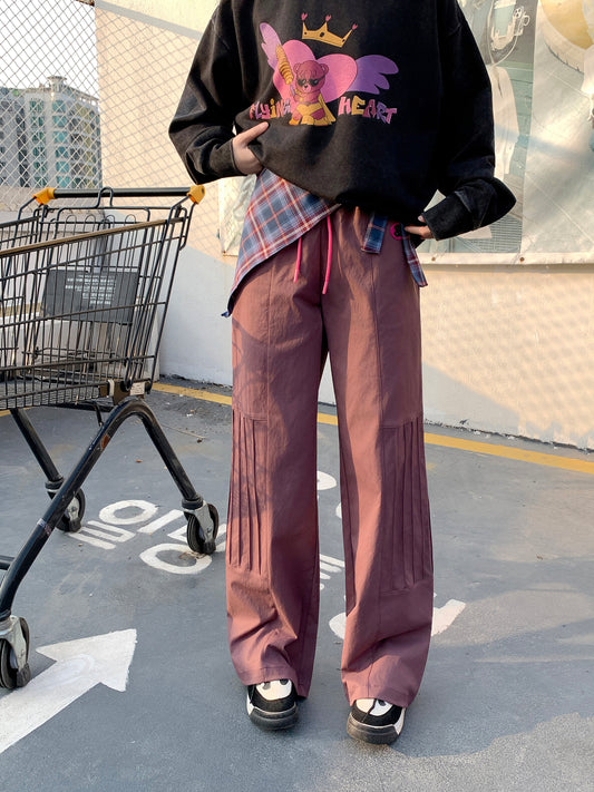 MXN Straight leg cut trousers with sewing lines design| Elastic| Purple