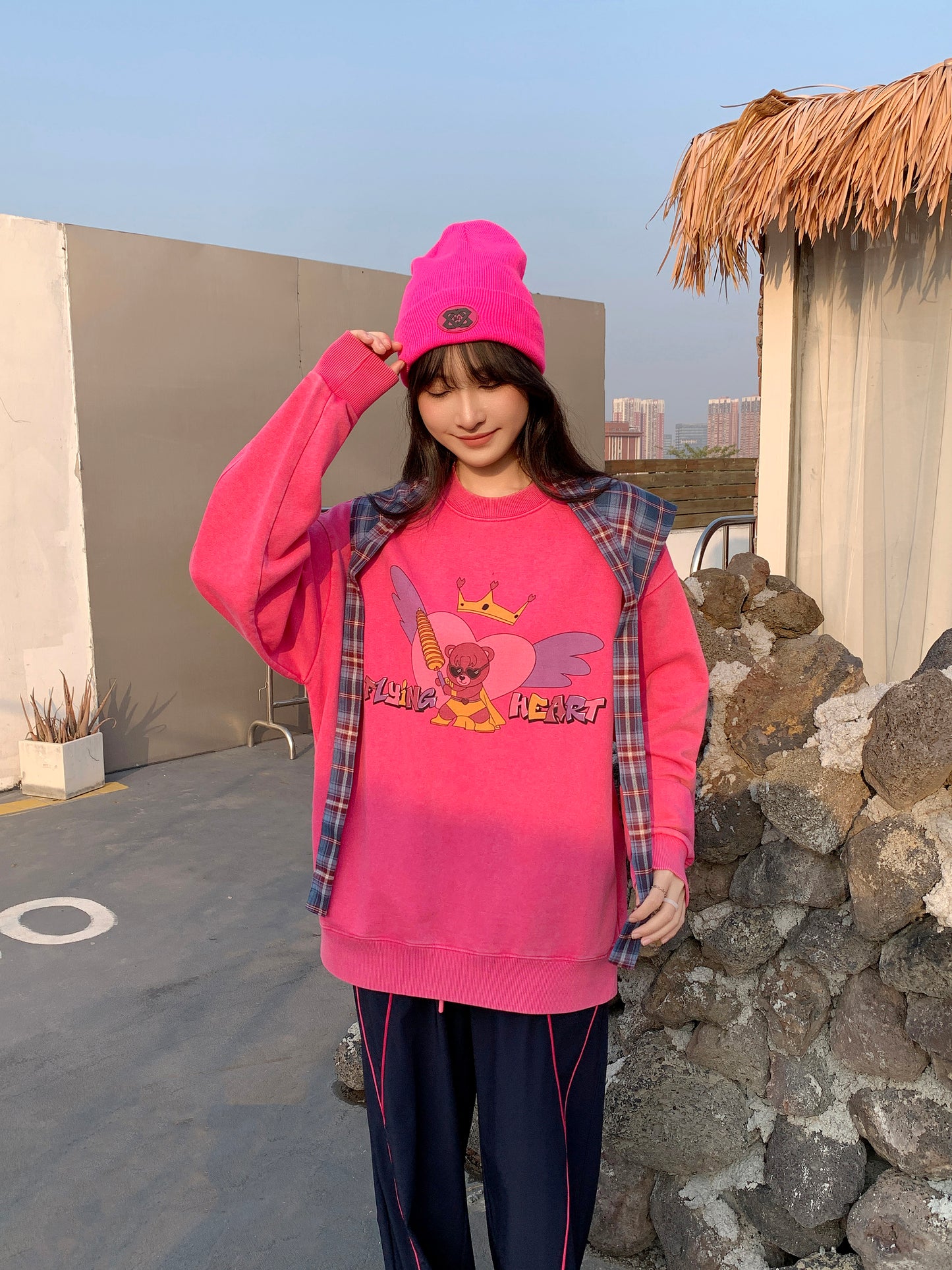 MXN Magenta Bear Oversize Sweater with washed effect| Magenta
