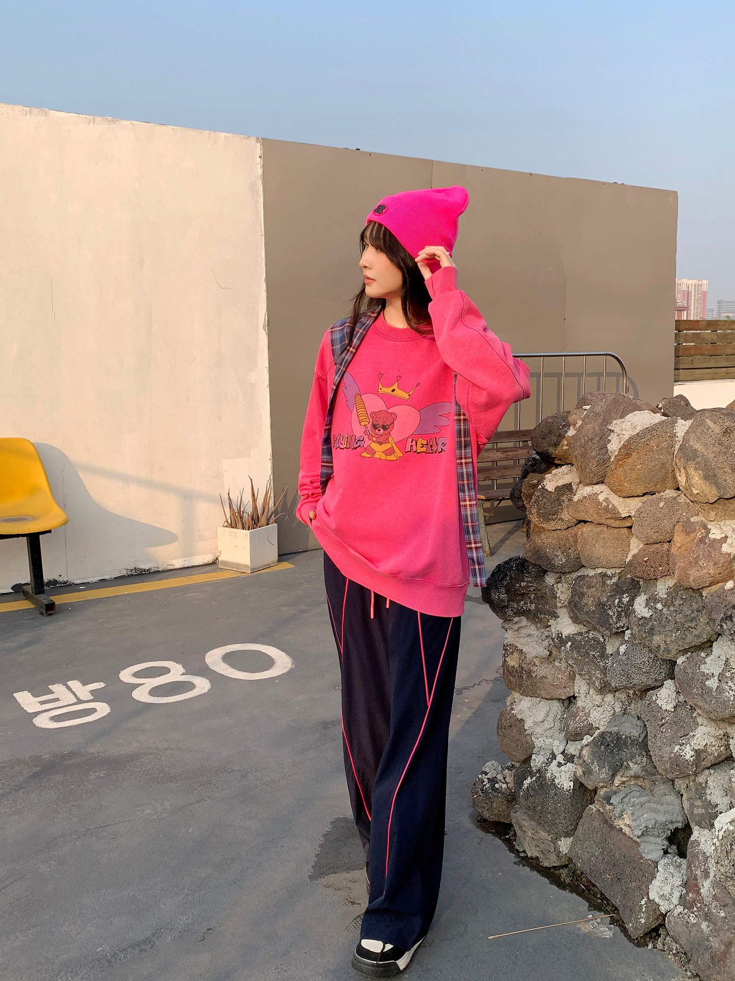 MXN Magenta Bear Oversize Sweater with washed effect| Magenta