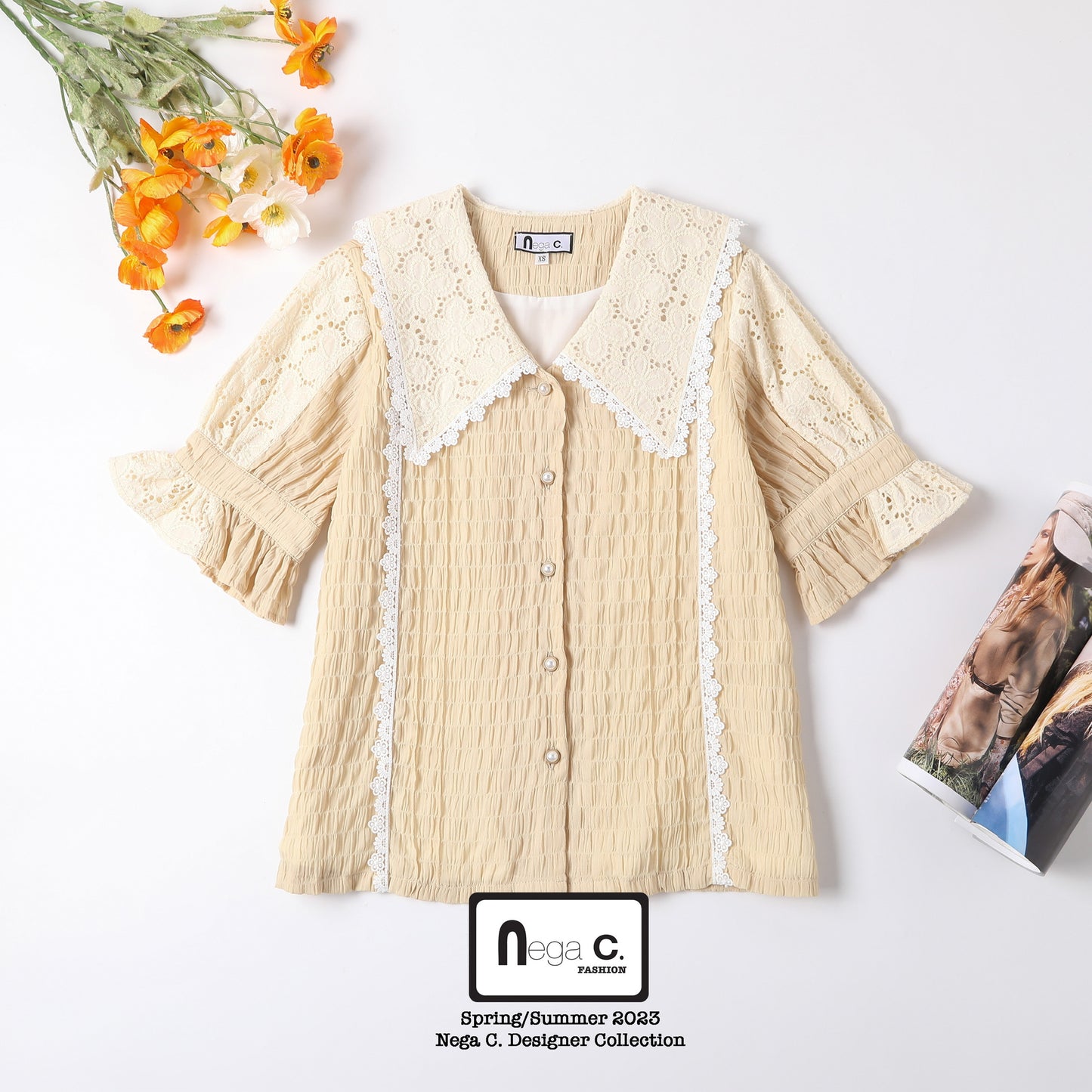 Nega C. Retro Patchwork Lace Shirt | แอปริคอท | มีซับใน
