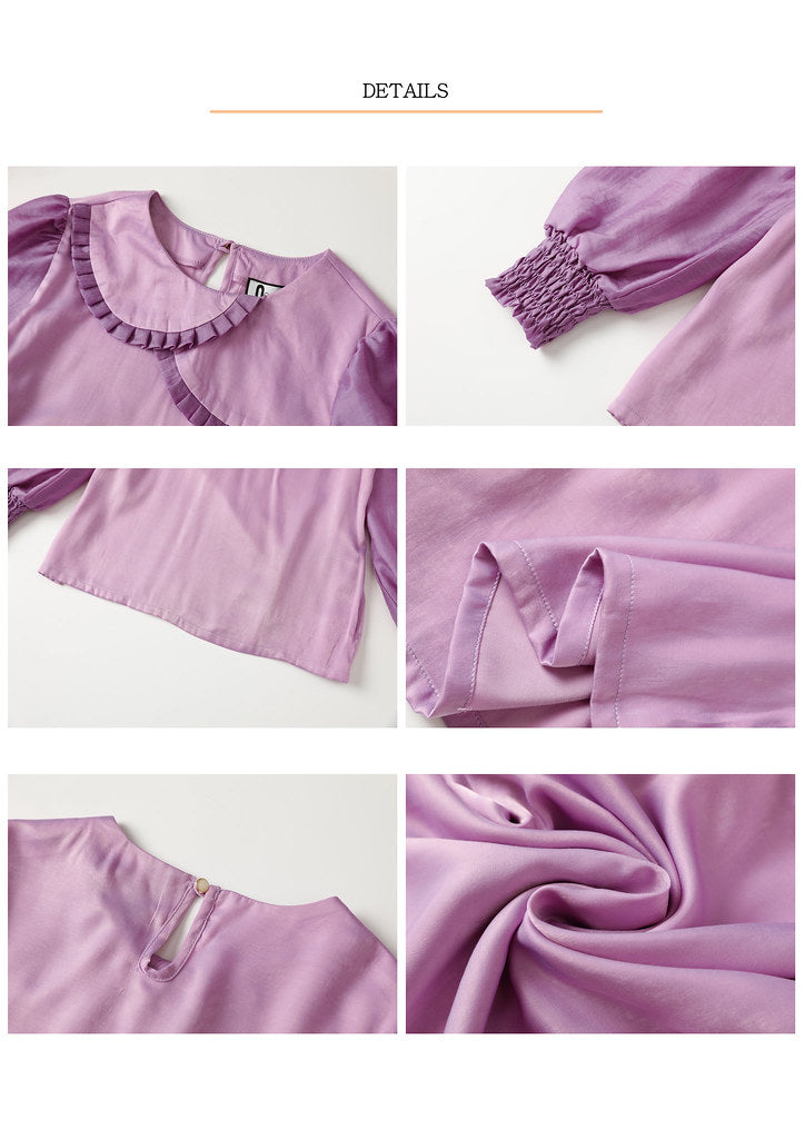 Nega C. 圓領泡泡袖半圓壓摺上衣| 粉紅色 |