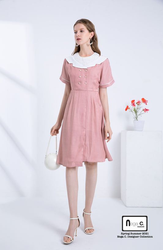 Nega C. 復古風假兩件襯衫連身裙 | 粉紅色｜