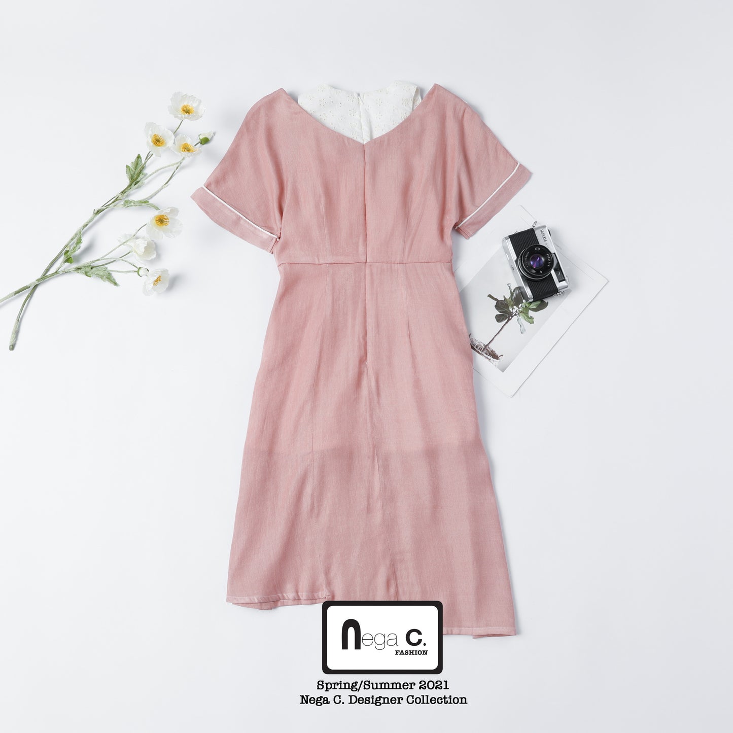 Nega C. 復古風假兩件襯衫連身裙 | 粉紅色｜