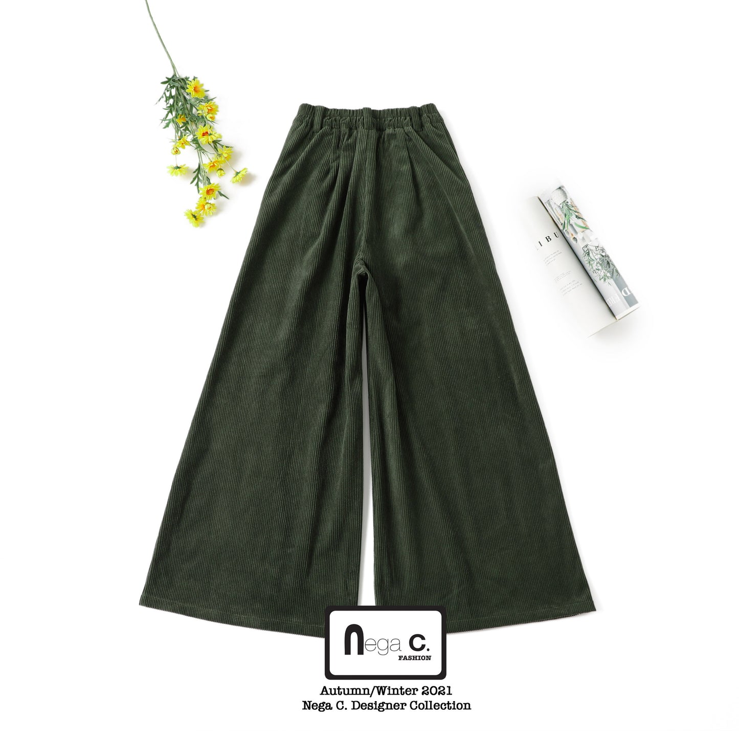 กางเกงขากว้างผ้าลูกฟูก Nega C. | สีเขียว | ยืดหยุ่นเล็กน้อย