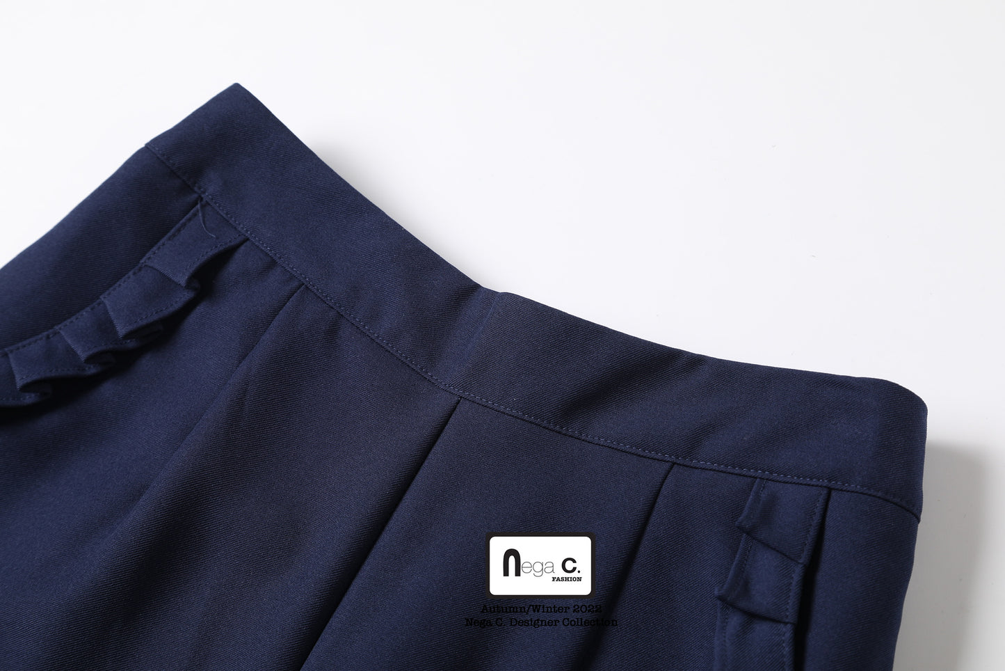 Nega C. 純色荷葉邊闊版西褲| 深藍色| 無彈| 無裡襯