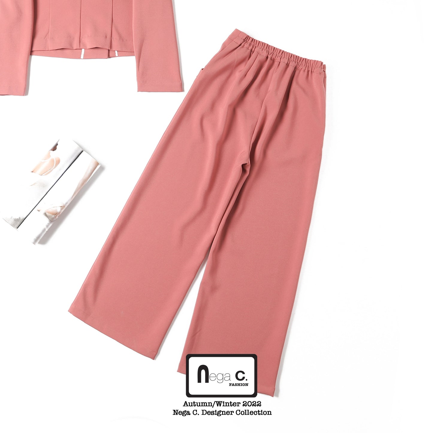 Nega C. 純色荷葉邊闊版西褲| 粉紅色| 無彈| 無裡襯