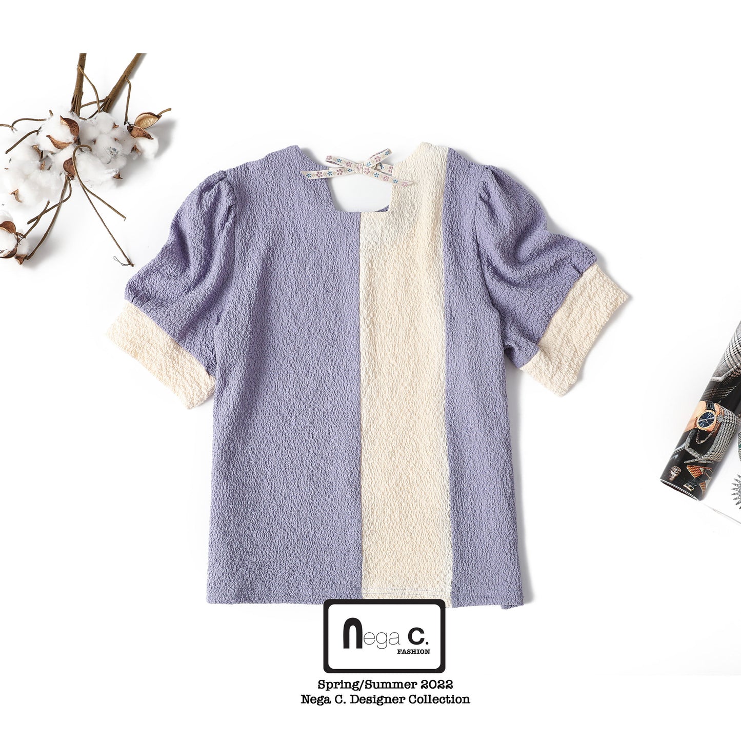 Nega C. 簡約風拼色圓領上衣|紫色|無裡襯