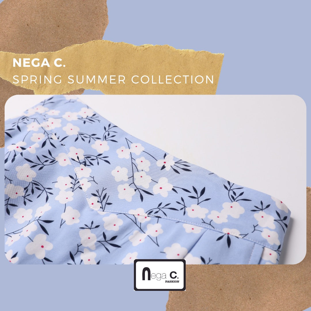 Nega C. 印花荷葉腳半截裙|淺藍色|有裡襯