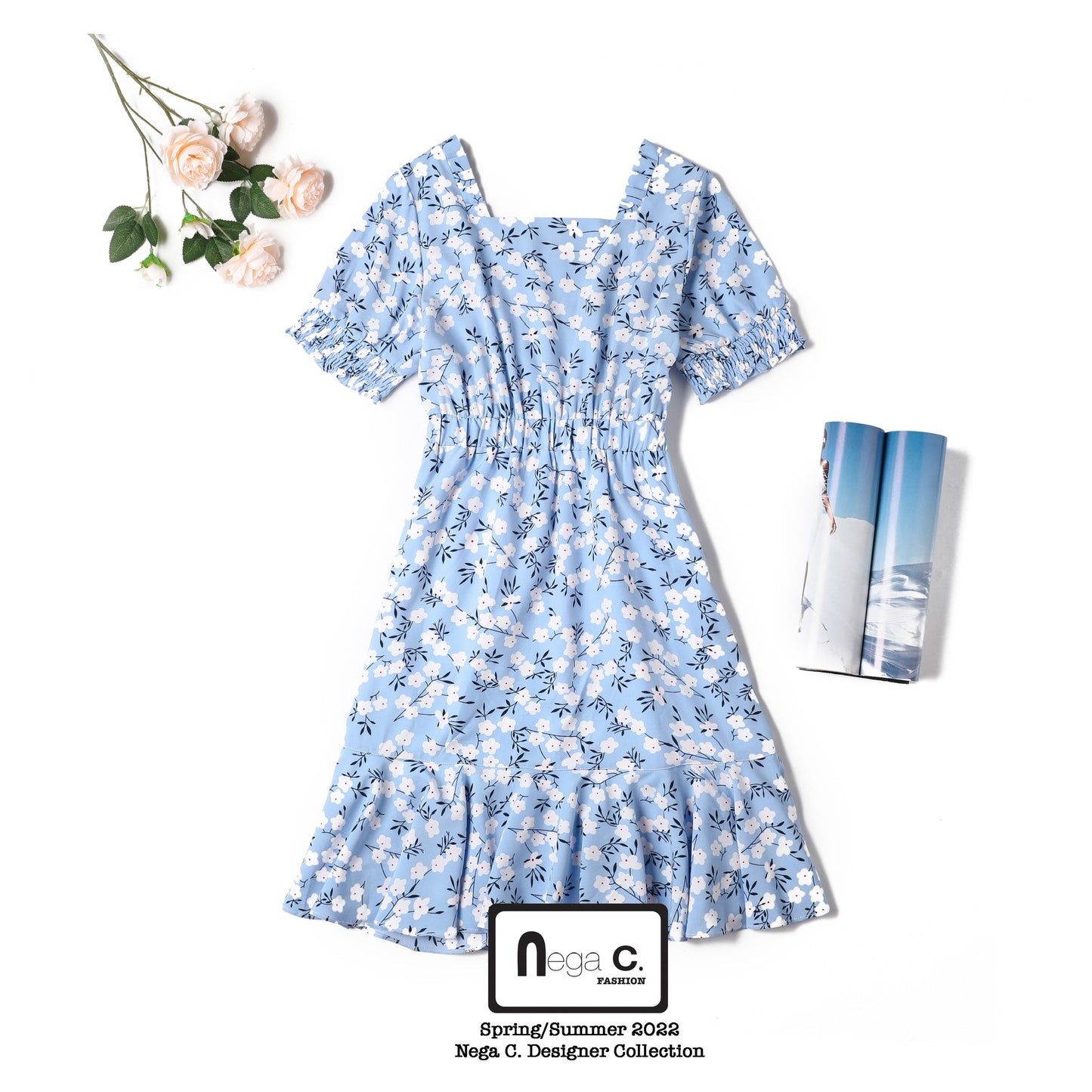 Nega C. 小白花方領修腰連身裙|淺藍色|有裡襯