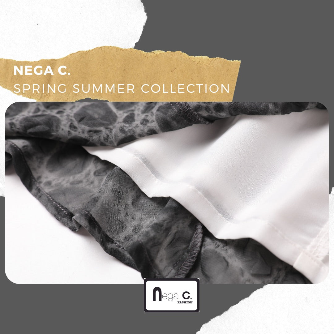 Nega C. 水墨印花雪紡中場半截裙|黑色|有裡襯