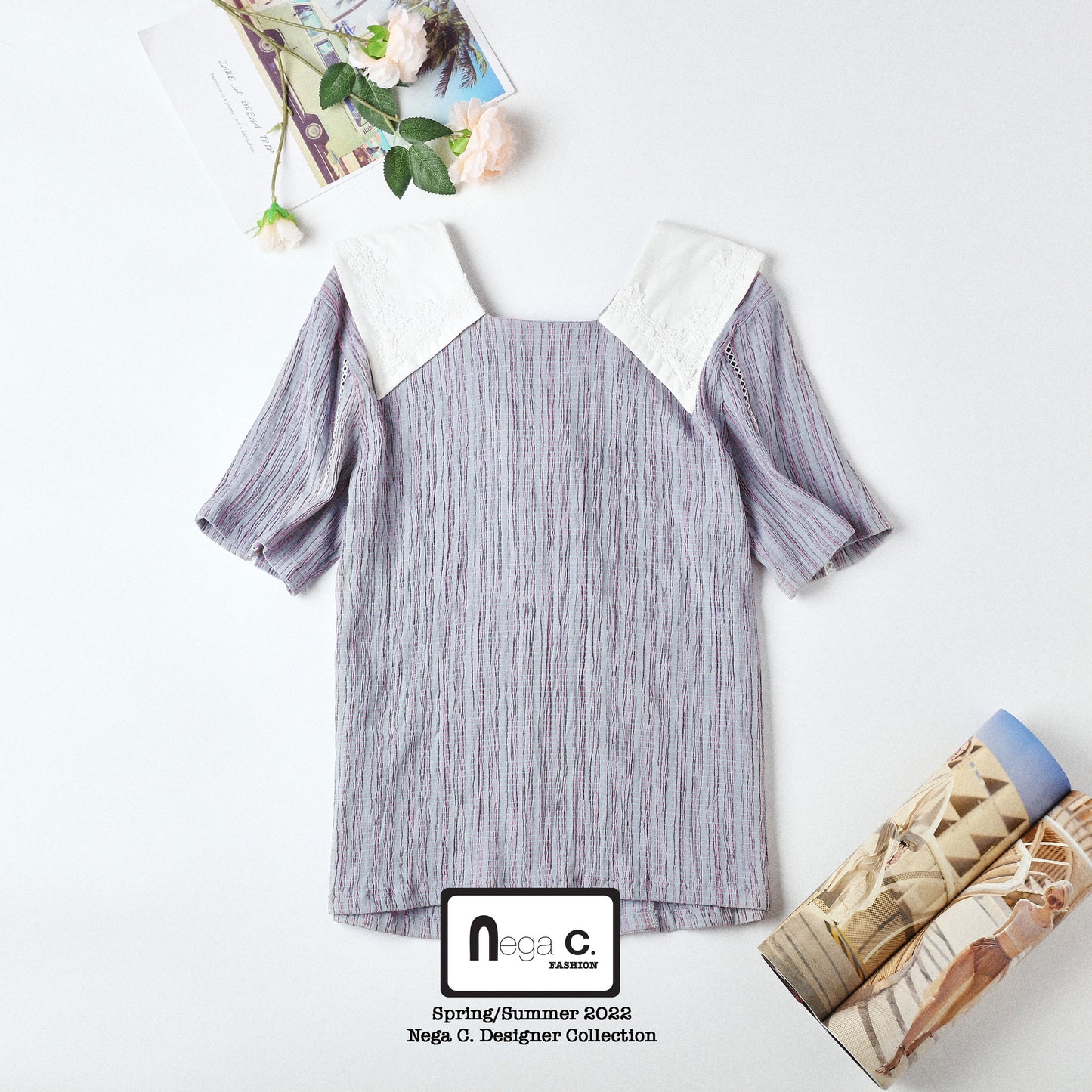 Nega C. Colorblock เสื้อคอกลมกระดุมสองแถว | สีม่วง | ไม่มีซับใน