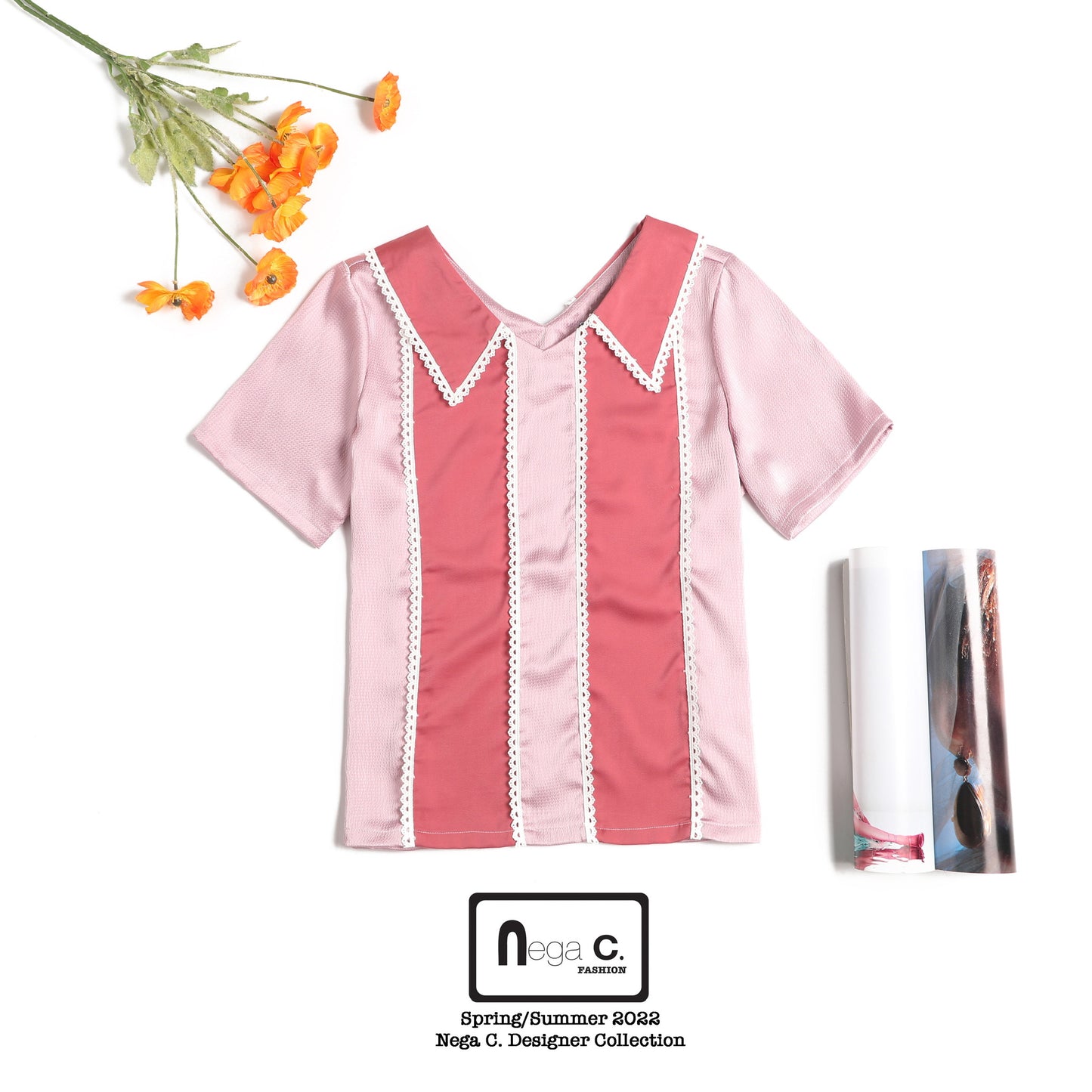 Nega C. 拼色V領蕾絲襯衫|粉紅色|無彈|無裡襯