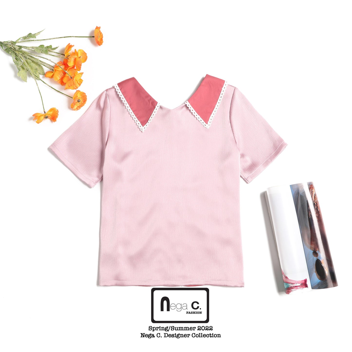 Nega C. 拼色V領蕾絲襯衫|粉紅色|無彈|無裡襯