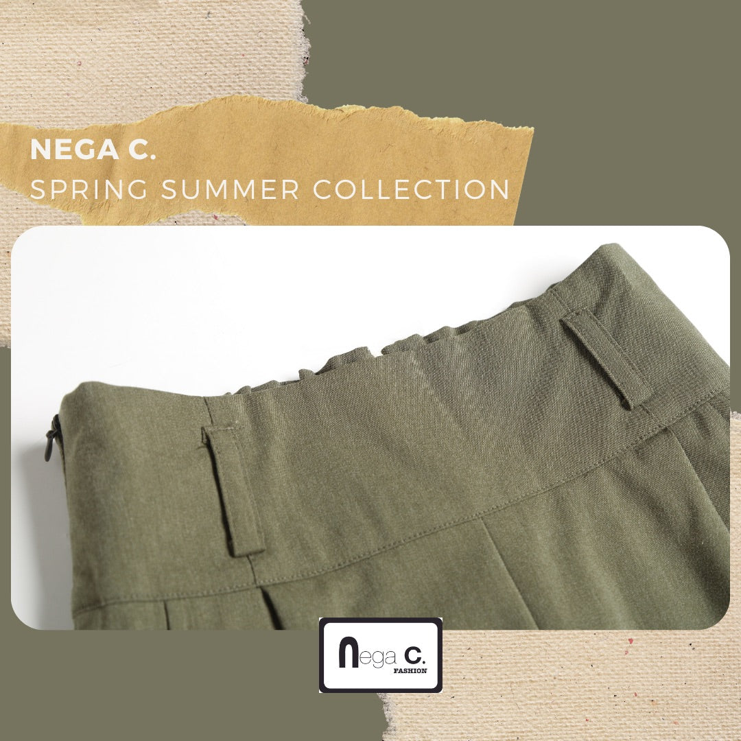 Nega C. กางเกงถุงกระดาษขากว้างเอวสูง | สีเขียว | ยางยืดไมโคร