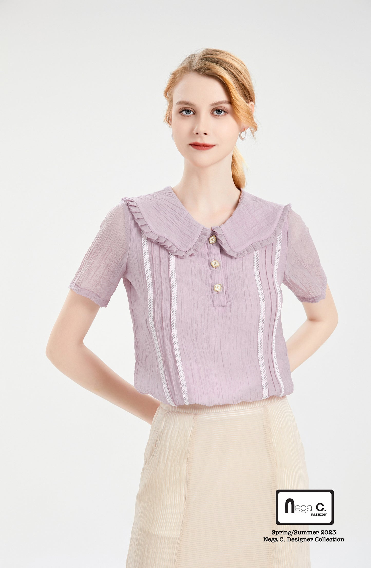 Nega C. cloud collar lace shirt| Purple| With lining