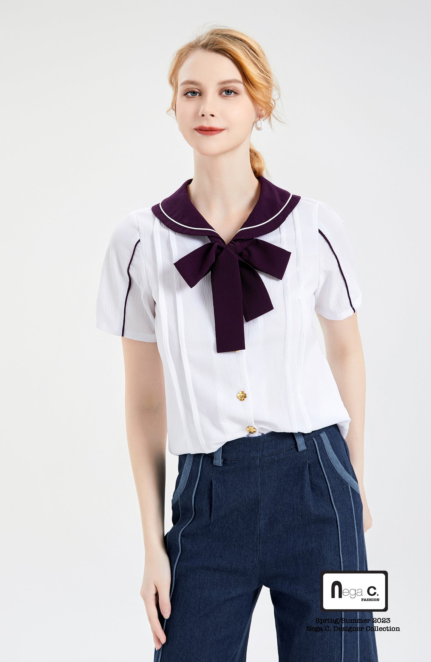 Nega C.sailor collar butterfly knot shirt|White