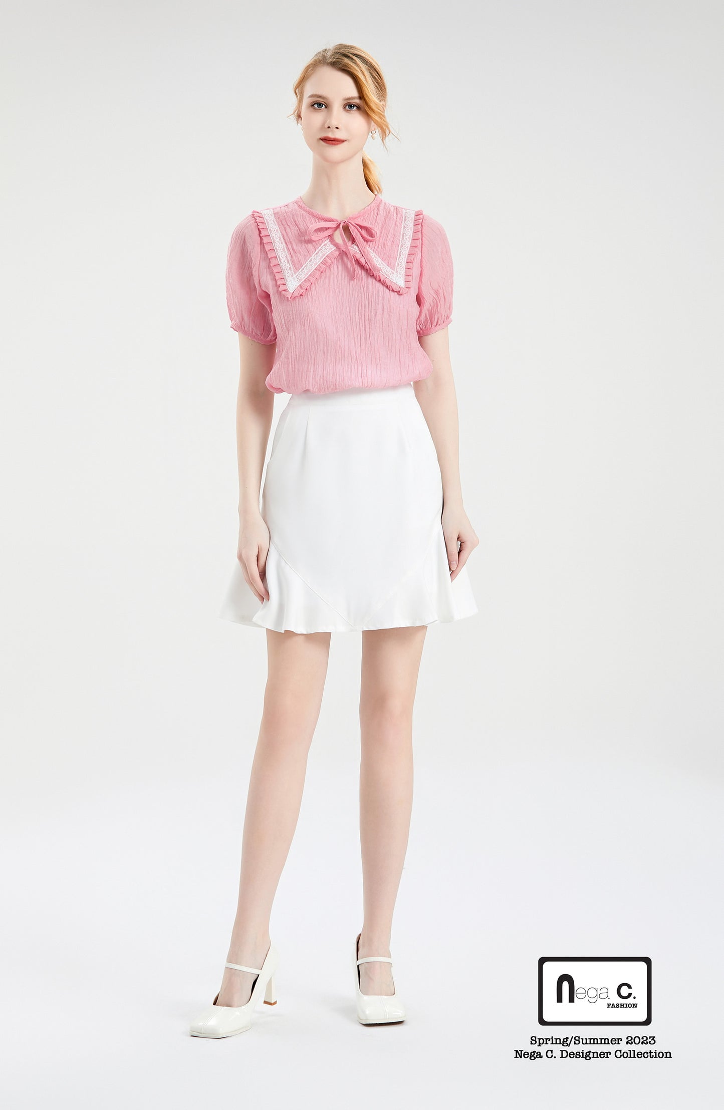 Nega C.round-necked pleated lace top with butterfly bow|Pink |With lining