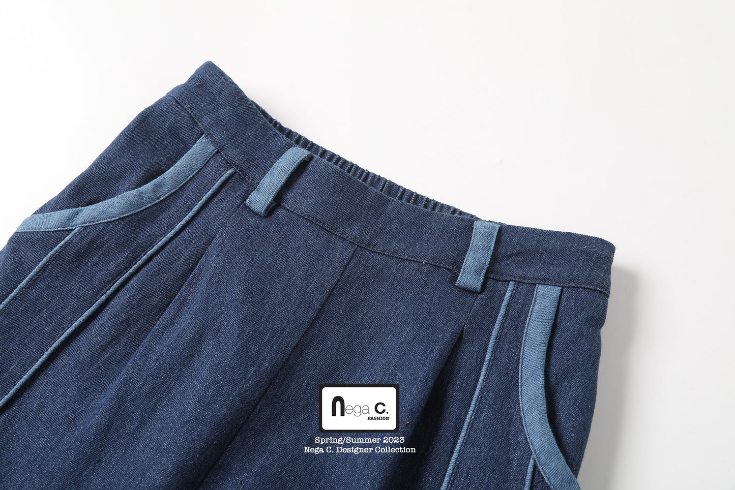 Nega C. color block wide-leg jeans with piping details |Navy|