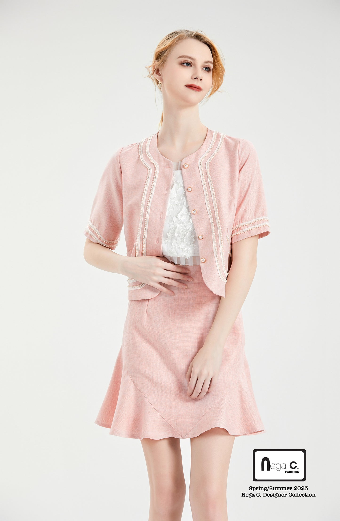 Nega C. Round Neck Pearl Short Sleeve Jacket |Pink |With lining