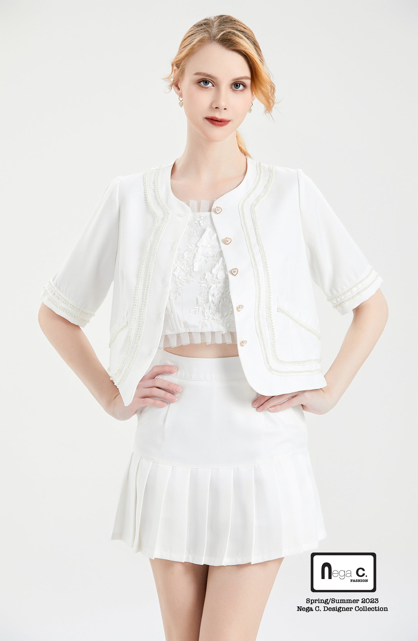 Nega C. Round Neck Pearl Short Sleeve Jacket |White |With lining