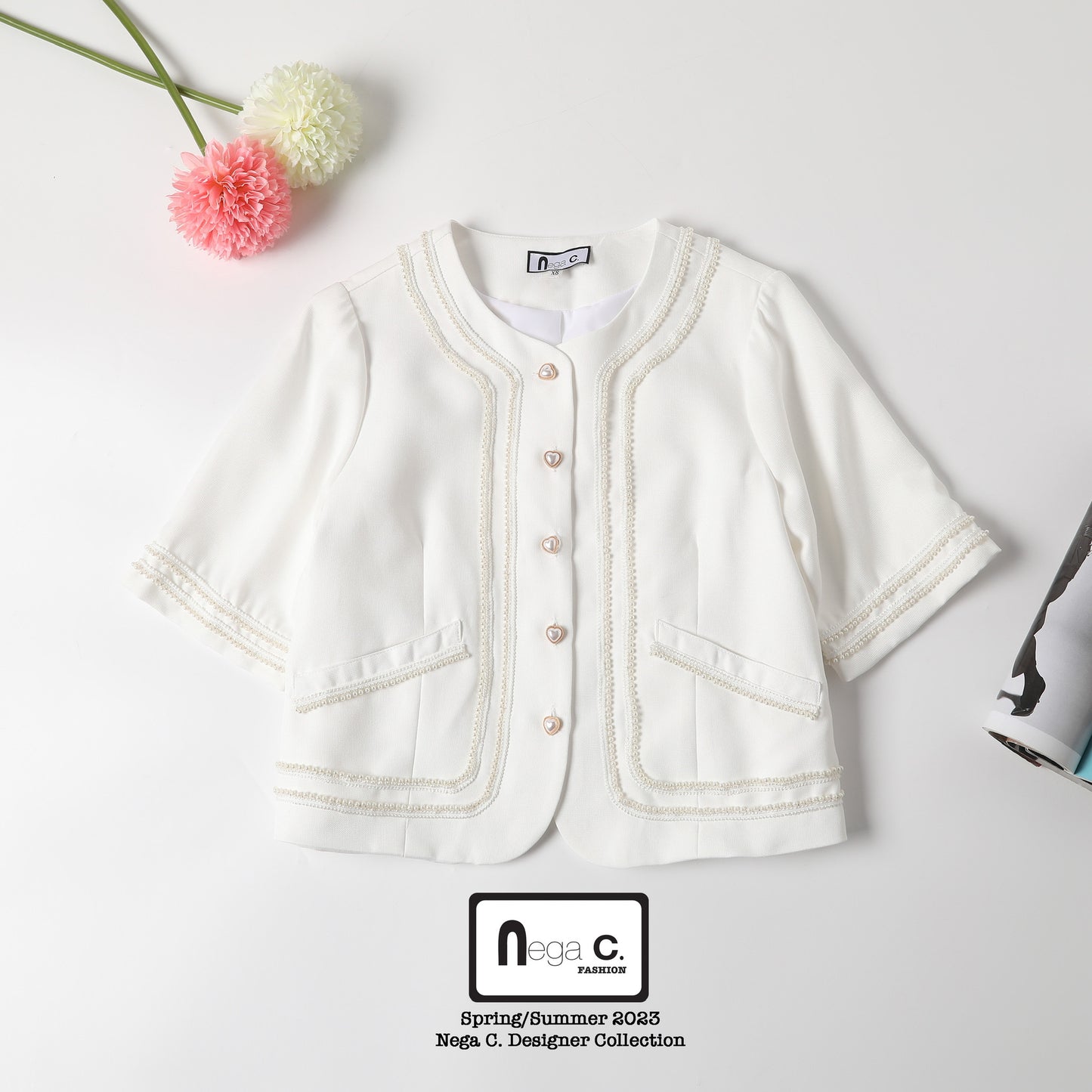 Nega C. Round Neck Pearl Short Sleeve Jacket |White |With lining