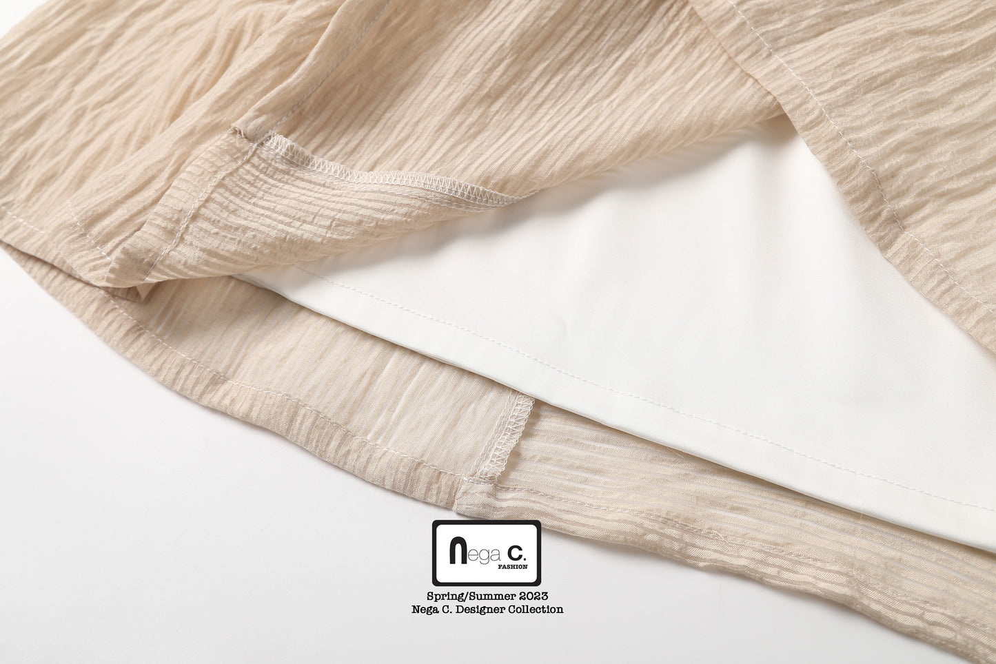 Nega C. Elegant Pleated Hem Mid-Length Skirt |Beige| With lining